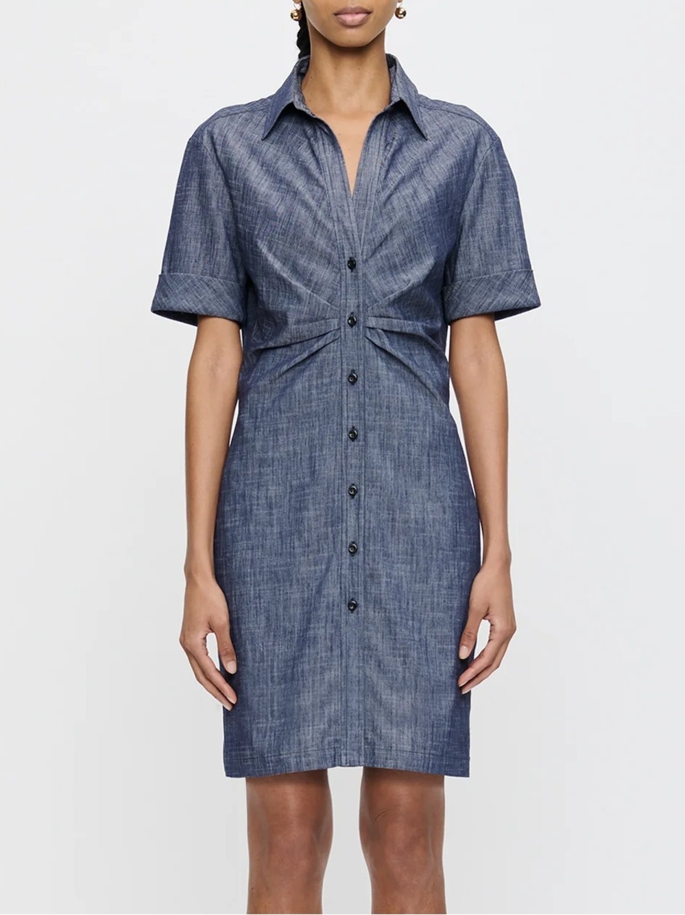 NWOT CALLAS ONDINE Sleeveless Chambray Navy Blue Denim Shirt Dress Size 12
